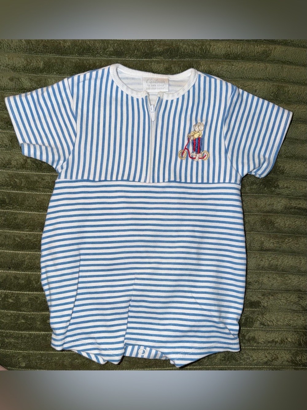 Vintage Carter’s Baby Bubble Romper Blue White Stripe Teddy Tricycle 3-6M